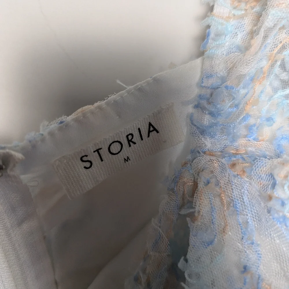 Storia Babydoll Dress Blue Tan Lacey Puff Sleeve Ruffle Square Neck Cottage Core - Picture 3 of 10